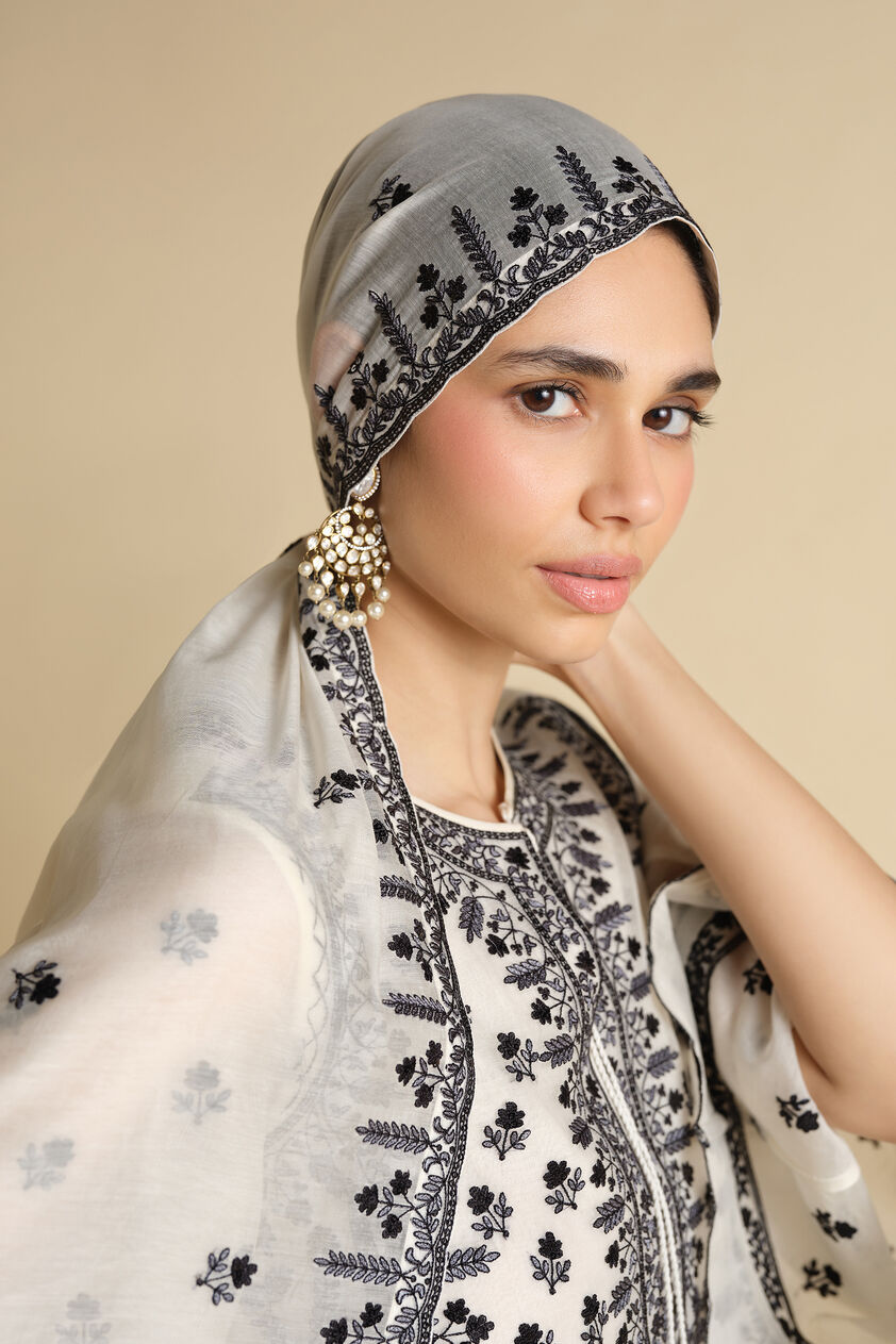 Sawsan Embroidered Mul Stole - Black & White, White, image 2